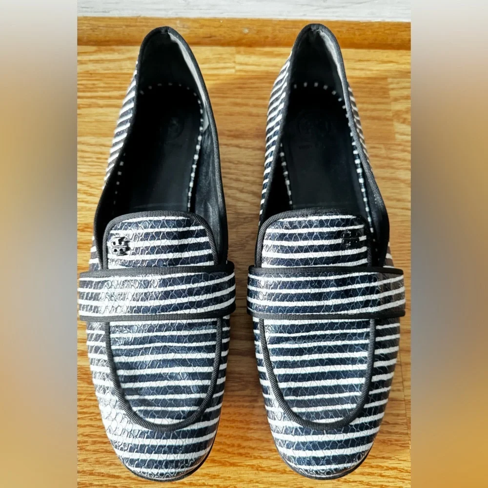 Tory Burch Blue/White Stripe Snakeskin Embossed Leather Smoking Slippers Size 9M
